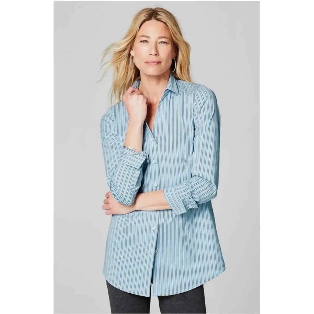 J. Jill Blue Sky Mountain Classic Stripe Button Down NWT Small Staple